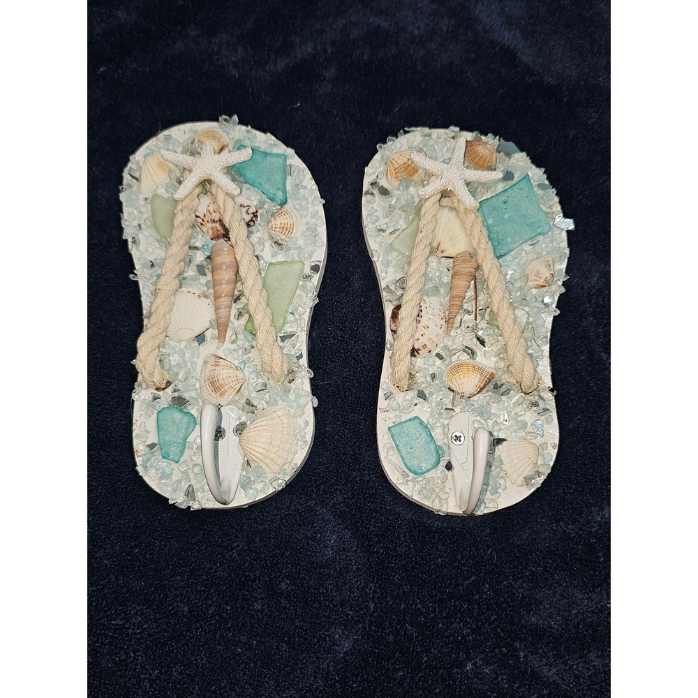 Beach Themed Flip Flop Wall Hooks Seashell Starfish Sea Glass Decor Set of 2